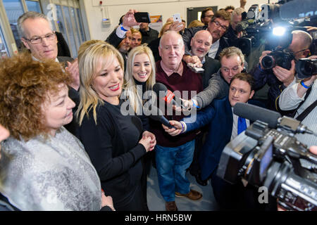 Belfast, Northern ireland. 03 Mar 2017 - Northern Ireland Assembly Election.  Sinn Fein's Michelle O'Neill is interviewed after she tops the Mid Ulster constituency. Stock Photo