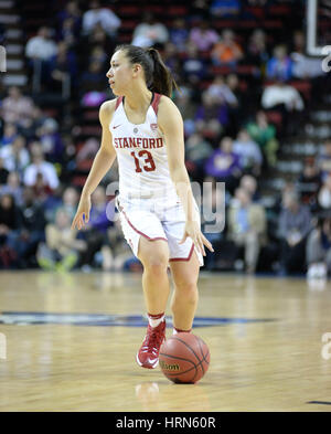 Seattle, WA, USA. 3rd Mar, 2017. Stanford's Marta Sniezek (13) in action during a PAC12 women's tournament game between the Washington State Cougars and the Stanford Cardinal. The game was played at Key Arena in Seattle, WA. Jeff Halstead/CSM/Alamy Live News Stock Photo
