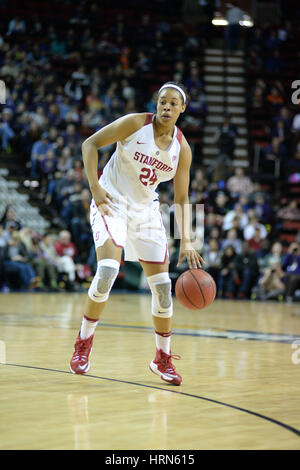 Seattle, WA, USA. 3rd Mar, 2017. Stanford's Erica McCall (24) in action during a PAC12 women's tournament game between the Washington State Cougars and the Stanford Cardinal. The game was played at Key Arena in Seattle, WA. Jeff Halstead/CSM/Alamy Live News Stock Photo