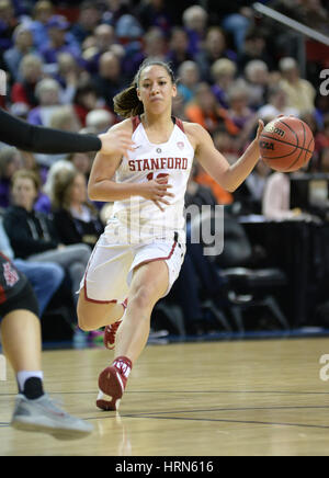 Seattle, WA, USA. 3rd Mar, 2017. Stanford's Marta Sniezek (13) in action during a PAC12 women's tournament game between the Washington State Cougars and the Stanford Cardinal. The game was played at Key Arena in Seattle, WA. Jeff Halstead/CSM/Alamy Live News Stock Photo