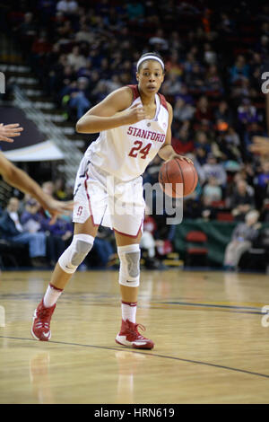 Seattle, WA, USA. 3rd Mar, 2017. Stanford's Erica McCall (24) in action during a PAC12 women's tournament game between the Washington State Cougars and the Stanford Cardinal. The game was played at Key Arena in Seattle, WA. Jeff Halstead/CSM/Alamy Live News Stock Photo
