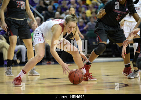 Seattle, WA, USA. 3rd Mar, 2017. Stanford's Alanna Smith (11) tries to gain posession of the ball during a PAC12 women's tournament game between the Washington State Cougars and the Stanford Cardinal. The game was played at Key Arena in Seattle, WA. Jeff Halstead/CSM/Alamy Live News Stock Photo