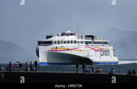 The Condor Car & Passenger ferry arriving in St. Peter Port, Guernsey after crossing the Channel from Poole in Dorset Stock Photo