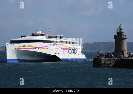 The Condor Car & Passenger ferry arriving in St. Peter Port, Guernsey after crossing the Channel from Poole in Dorset Stock Photo