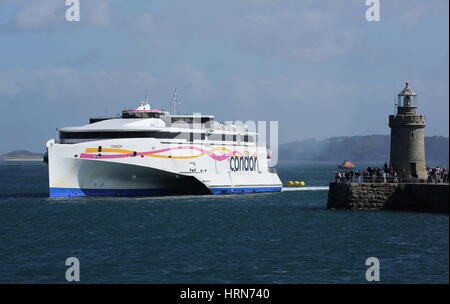 The Condor Car & Passenger ferry arriving in St. Peter Port, Guernsey after crossing the Channel from Poole in Dorset Stock Photo