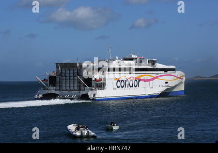 The Condor Car & Passenger ferry arriving in St. Peter Port, Guernsey after crossing the Channel from Poole in Dorset Stock Photo