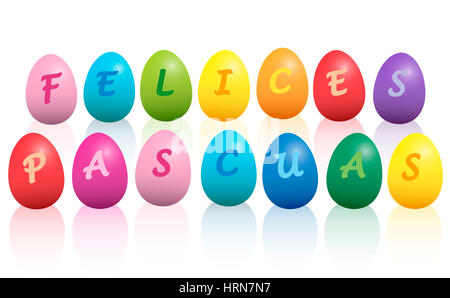 FELICES PASCUAS - spanish for HAPPY EASTER- written with colorful easter eggs. Isolated illustration on white background. Stock Photo