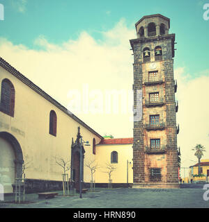 Church de la Concepcion with leaning bell tower in San Cristobal de la Laguna, Tenerife. Retro style filtered Stock Photo