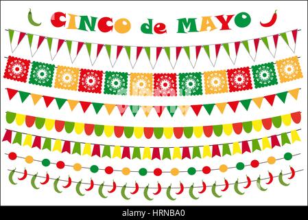 Cinco de Mayo celebration set of colored flags, garlands, bunting. Flat style, isolated on white background. Vector illustration, clip art. Stock Vector