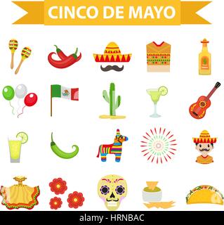 Cinco de Mayo celebration in Mexico, icons set, design element, flat style.Collection objects for Cinco de Mayo parade with pinata, food, sambrero, tequila, cactus, flag. Vector illustration, clip art Stock Vector