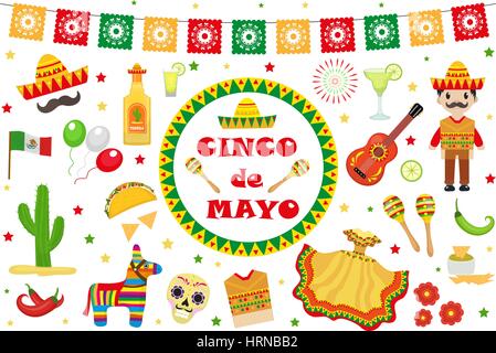 Cinco de Mayo celebration in Mexico, icons set, design element, flat style.Collection objects for Cinco de Mayo parade with pinata, food, sambrero, tequila, cactus, flag. Vector illustration, clip art Stock Vector