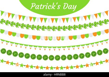 St. Patrick's Day garland set. Festive decorations bunting. Party elements, flags, shamrock, clover. Isolated on white background. Vector illustration, clip art. Stock Vector