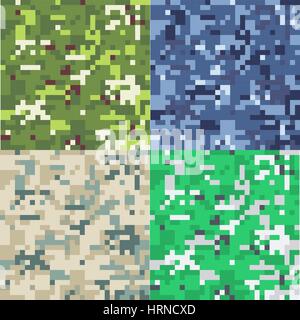 Set of camouflage military background in pixel style. Seamless pattern. Stock Vector