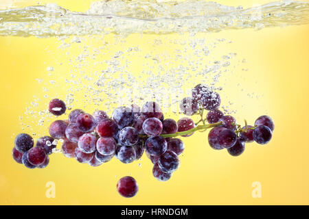 Falling grapes fruits to tank with water background Stock Photo