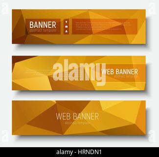 Set of horizontal web banners, abstract polygonal gold background with transparent elements. Vector illustration. Stock Vector