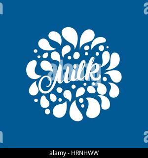 Milk hand written lettering logo template, label, badge, emblem with splashes. Stock Vector