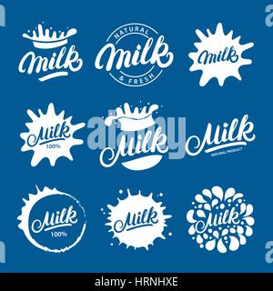 Set of hand written lettering Milk logos, labels, badges, emblems with splashes. Stock Vector