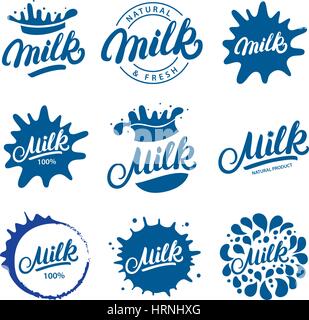 Set of hand written lettering Milk logos, labels, badges, emblems with splashes. Stock Vector