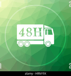 48H delivery truck icon. 48H delivery truck website button on green low poly background. Stock Photo