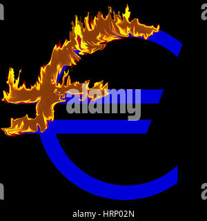 Concept - Euro symbol in flames. A metaphor for the currency crises in the EU. Stock Photo