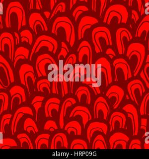 Seamless abstract pattern. Handmade shapes, looks like waves, fish scale or forest, red colors. Relaxed geometry. Textile design. Stock Vector