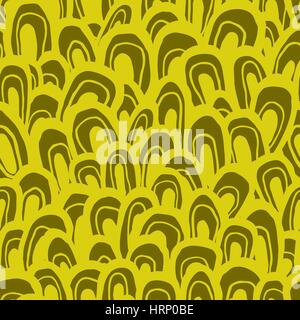 Seamless abstract pattern. Handmade shapes, looks like waves, fish scale or forest, golden colors. Relaxed geometry. Textile design. Stock Vector