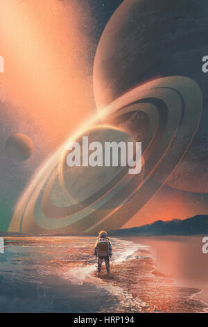 the astronaut standing on the beach looking at planets in the sky,illustration painting Stock Photo