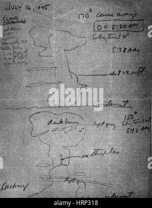 Alvarez sketch of first atomic bomb explosion made from B-29 over Almagordo, New Mexico, July 16, 1945. Luis Walter Alvarez (June 13, 1911 - September 1, 1988) was an American experimental physicist, inventor, and professor. In 1936, he went to work for Ernest Lawrence at the Radiation Laboratory at the University of California, where he devised a set of experiments to observe K-electron capture in radioactive nuclei, predicted by the beta decay theory but never observed. Stock Photo