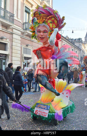 Acireale (CT), Italy - February 28, 2017: small allegorical float, depicting a burlesque dancer, during the carnival parade Stock Photo