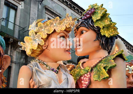 Acireale (CT), Italy - February 28, 2017: allegorical float depicting the two mythological lovers Aci and Galatea, during the carnival parade Stock Photo