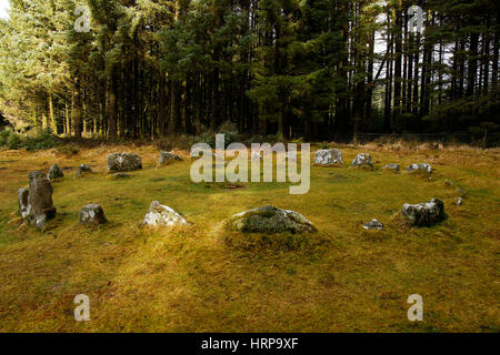 Bronze Age relic of twenty-two granite stones, accessible as only twenty metres from the road. People often light fires in the centre of the kist Stock Photo