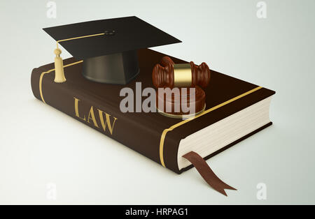 one book with a mortar board and a gavel, concept of faculty of law (3d render) Stock Photo