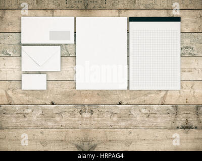 top view of a business paper set with blank space and wood background (3d render) Stock Photo