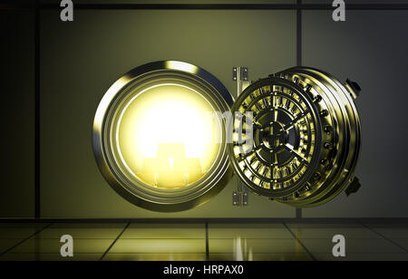 opened door of bank vault with a yellow light coming from inside (3d render) Stock Photo