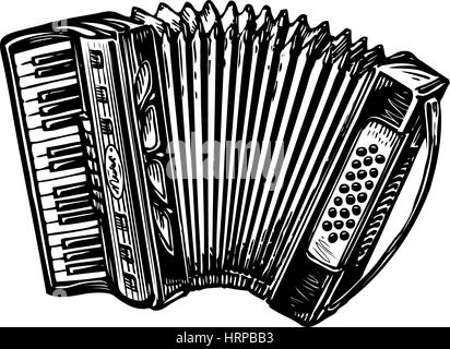 Hand-drawn vintage accordion, bayan. Music instrument, chanson, melody ...