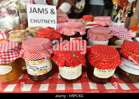 Homemade Jams and chutneys for sale on the Women's Institute stall, Bingley Yorkshire UK Stock Photo