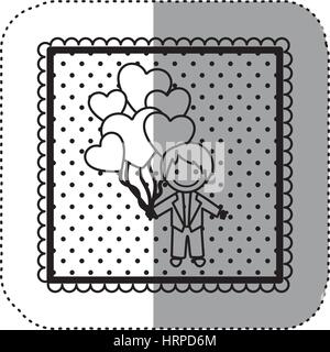 monochrome sticker in square frame and dotted with hand drawn groom and balloons of hearts Stock Vector