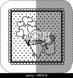 monochrome sticker in square frame and dotted with hand drawn of married couple and balloons of hearts Stock Vector