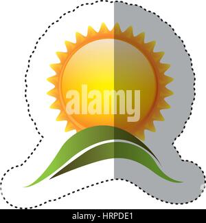 color sticker with sun over green hill Stock Vector