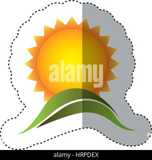 color sticker with sun over green hill Stock Vector