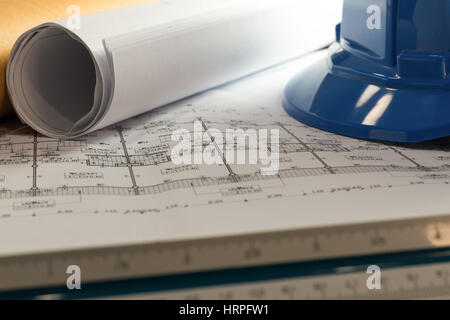 Workplace of architect - Architect rolls and plans.architectural plan,technical project drawing. Engineering tools view from the top. Construction bac Stock Photo