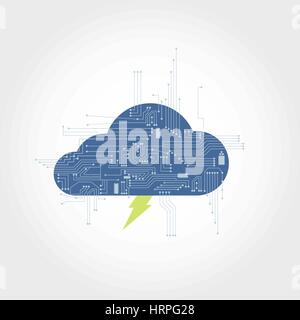 Electronic circuit branching from a cloud with lightning. Clean design. Stock Vector