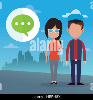couple dialog bubble social media urban background Stock Vector