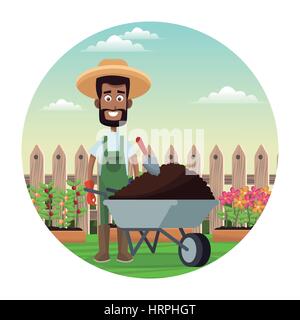 african farmer man straw hat wheelbarrow earth garden fence Stock Vector