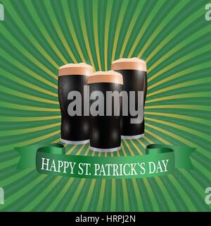Image of three glasses of dark beer. Greeting inscription Happy Patrick Day. illustration Stock Vector
