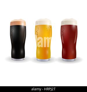 Image of three wine glasses with bright, red and dark beer. Isolated on white background. illustration Stock Vector