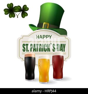 Image of three wine glasses with bright, red and dark beer. Patrick s Day. Green hat and clover leaves. Isolated on white background. illustration Stock Vector