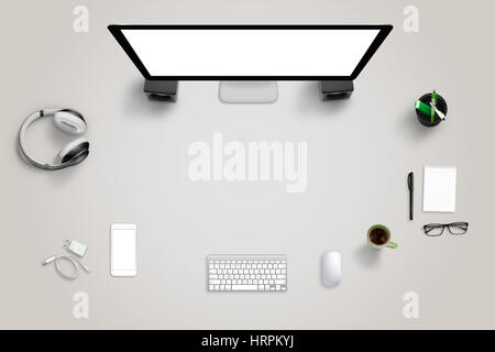 Desk with technology devices with free space for text. Top view of computer display, mobile phone, keyboard, mouse, headset, pad, glasses, coffee, pen Stock Photo