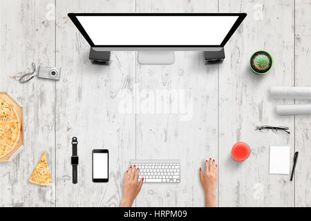 Creative designer, programmer, blogger desk. Woman work on computer. Smart phone and watch beside. Free space for text. White wooden background. Stock Photo