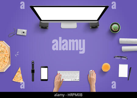 Purple office desk with computer, mobile phone and smart watch. Top view with free space for text. Pizza, juice, digital camera, glasses, pad, project Stock Photo